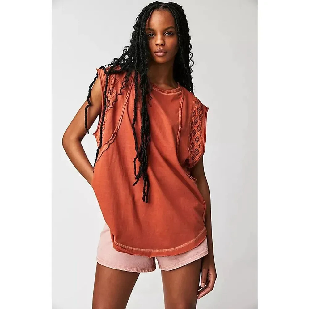 Free People Table for Two Tee Women's Orange Lace Sleeveless Top Size L Casual